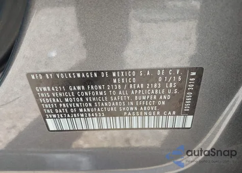 2015 Volkswagen Jetta 2.0L S z USA, uszkodzony, nr VIN 3VW2K7AJ8FM284533